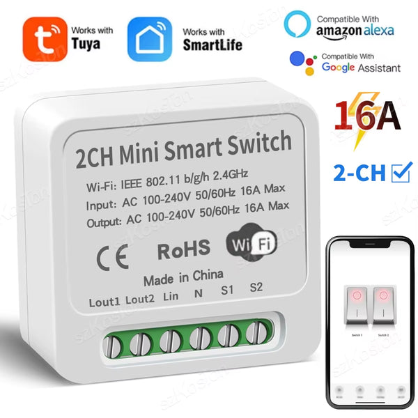 16A Tuya Wifi Smart Switch Module 2CH Smart Home Mini DIY Light Breaker Timer Voice Control Works with Alexa Google Home