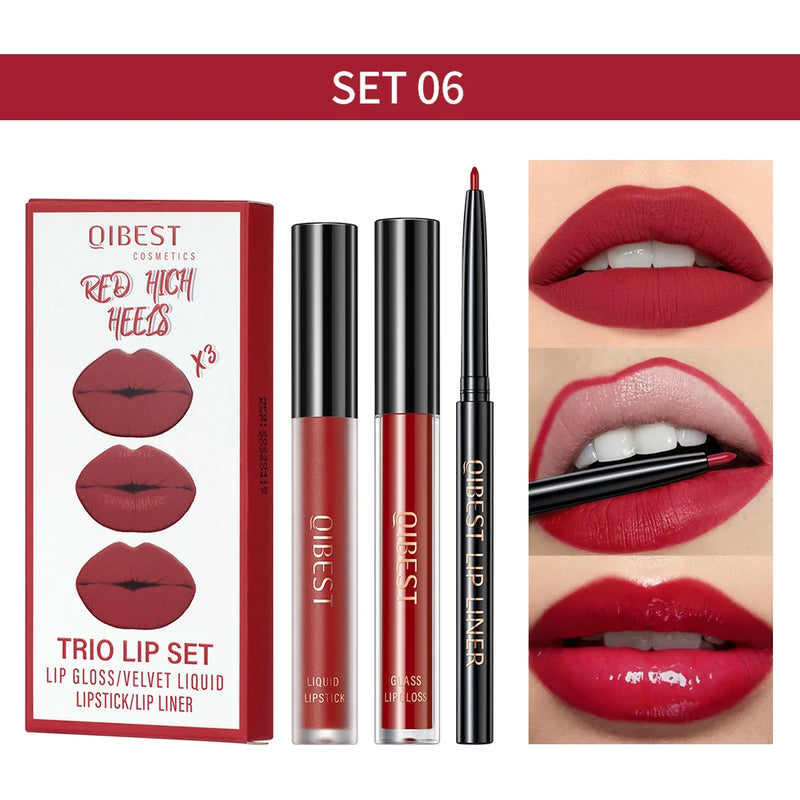 3Pcs Lip Makeup Sets Lip Gloss Glaze Tint Long-Lasting Matte Liquid Lipstick Waterproof Sweatproof Lip Liner Pencil Contour Kits
