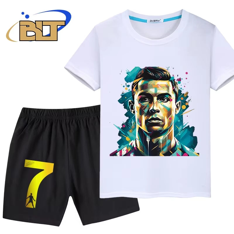 Ronaldo Head Print Children'S Clothing Summer Kids T-Shirt Set Pure Cotton Short-Sleeved Shorts 2-Piece Set Boys and Girls Gifts