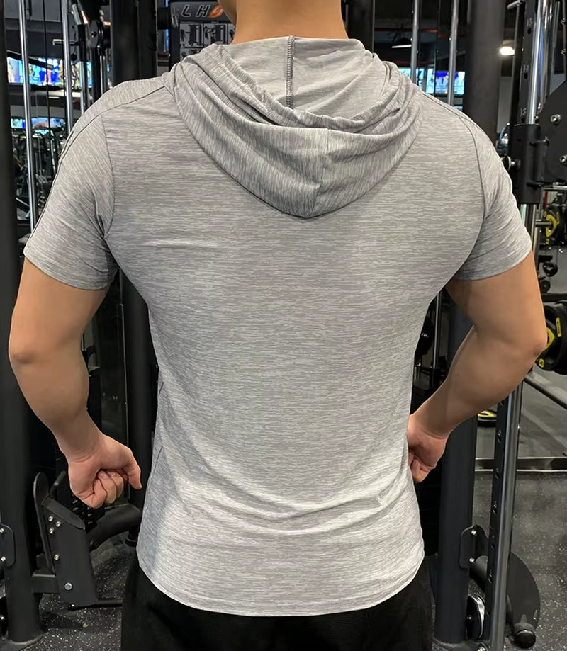 GYM Sport Hooded Running Men T Shirt Fitness Slim High Elasticity Breathable Quick Dry Bodybuilding Mens Tshirt Men Tee Tops