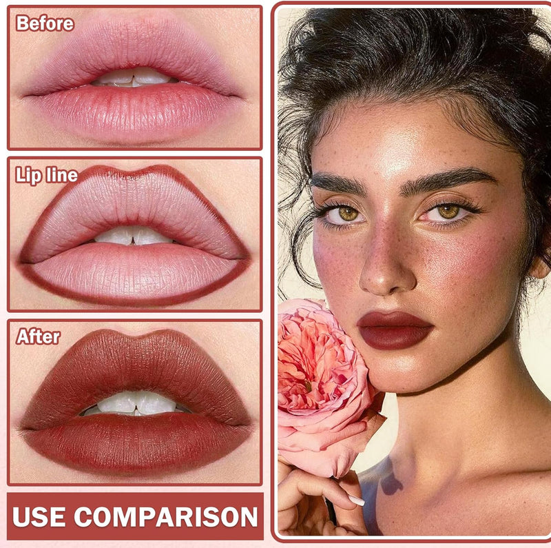 2PCS Lip Tint Stain Marker Dark Red Matte Liquid Lipstick & Lip Liner Pencil Long Lasting Waterproof Lip Liner Stain Non-Stick Cup Lip Makeup Stain Liner Marker + 01Dark Red + 06 Cherry Red