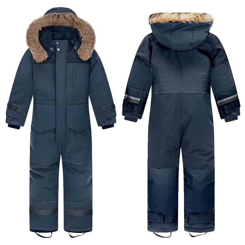 Baby Girls Boys One-Piece Ski Suits Children'S Snowboarding Fur Hooded Thick Windproof Warm Skiing Sports Clothes for Winter
