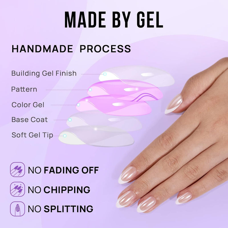 French Tip Press on Nails -  White Press on Nails Almond, Medium Glue on Nails with Nail Glue, Reusable Stick on Nails in 15 Sizes - 30 Soft Gel Fake Nails Kit, Classic