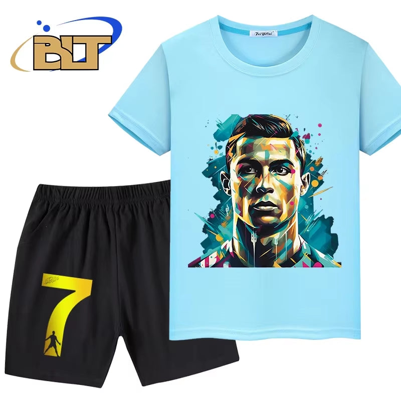 Ronaldo Head Print Children'S Clothing Summer Kids T-Shirt Set Pure Cotton Short-Sleeved Shorts 2-Piece Set Boys and Girls Gifts
