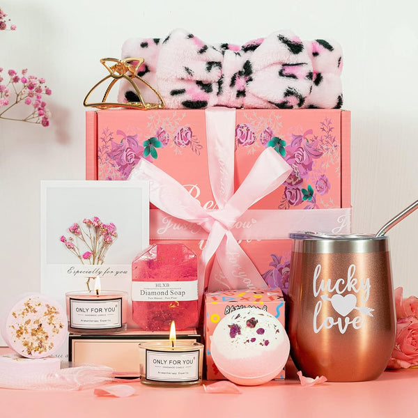 Pink Relaxing Spa Gift Box Basket for Her, Unique Birthday Gift Set for Women, Includes Tumbler, Bath Bomb, Candles, Soap, Shower Steamers, Headband, Hair Clip, Ribbon & Card