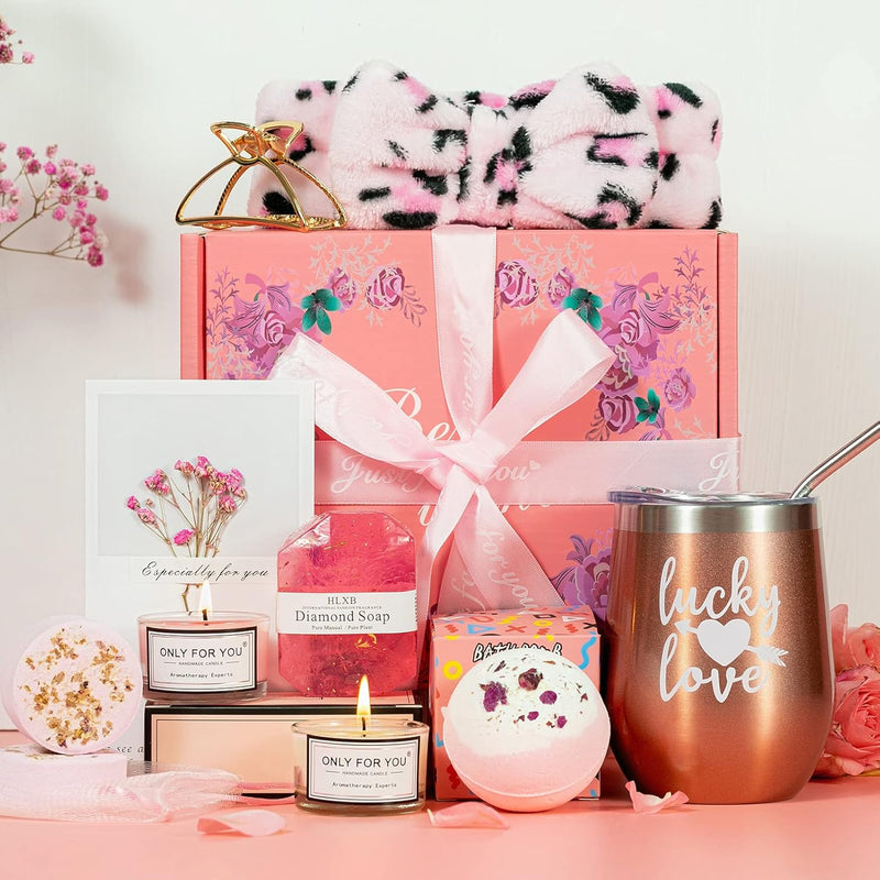Pink Relaxing Spa Gift Box Basket for Her, Unique Birthday Gift Set for Women, Includes Tumbler, Bath Bomb, Candles, Soap, Shower Steamers, Headband, Hair Clip, Ribbon & Card