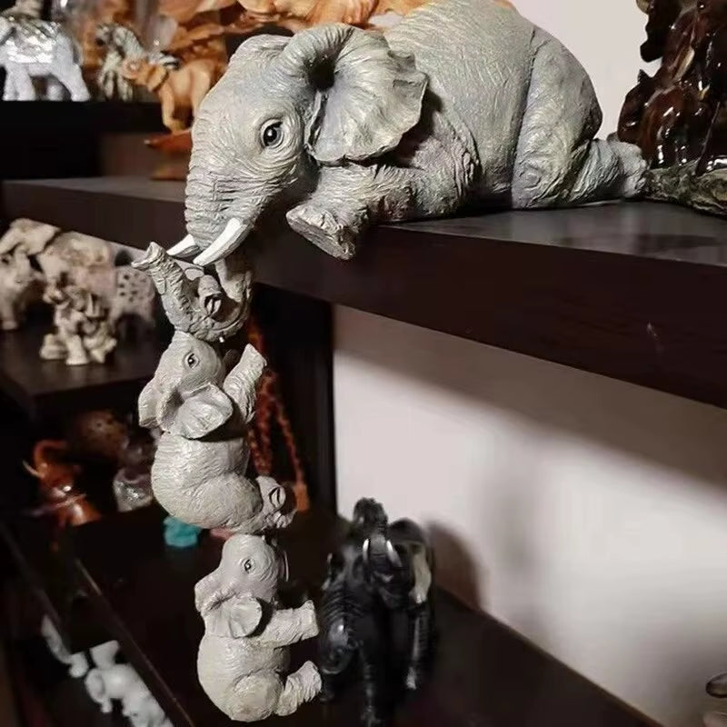 3Pcs/Set Elephant Sitter Hand-Painted Figurines,Full Size M and Two Babies Hanging off the Edge of a Shelf or Table,Resin