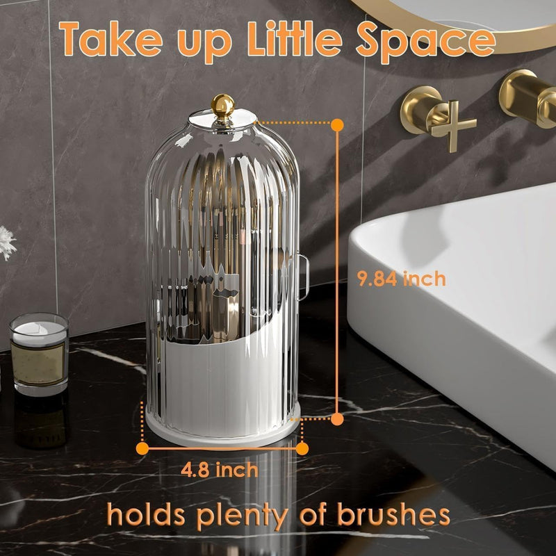 Makeup Brush Holder Case, 360° Rotating Cosmetic Organizer with Dustproof Lid, Spinning Comestic Storage Organizer for Vanity and Bathroom (White)