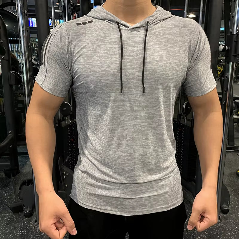 GYM Sport Hooded Running Men T Shirt Fitness Slim High Elasticity Breathable Quick Dry Bodybuilding Mens Tshirt Men Tee Tops