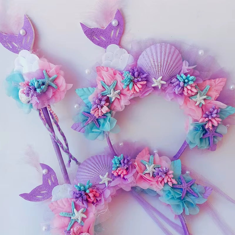 Purple Mermaid Headpiece Kids Hair Hoop Sequins Fairy Princess Angel Wand Sticks Children'S Dress up Headdress Accessories