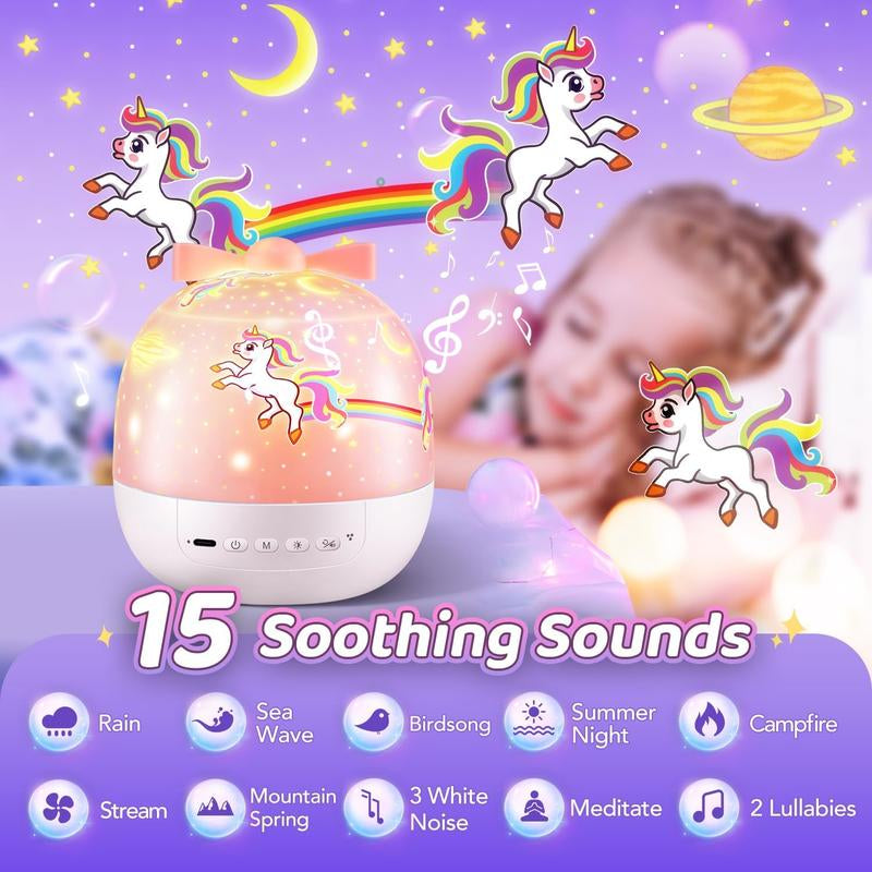 Onefire Unicorn Toys for Girls Gifts, 15 Films+15 Lullaby Sound Machine for Kids Night Light Projector, Remote+Rechargeable Night Light for Kids Gifts, 360 °Rotation Princess Mermaid Toddler Girl Toys