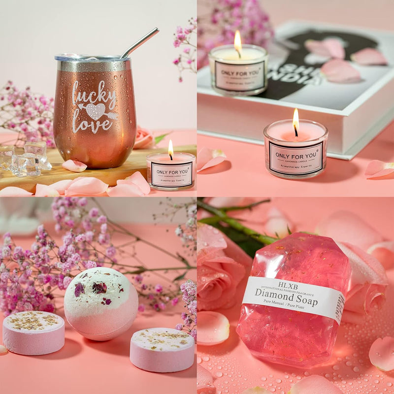 Pink Relaxing Spa Gift Box Basket for Her, Unique Birthday Gift Set for Women, Includes Tumbler, Bath Bomb, Candles, Soap, Shower Steamers, Headband, Hair Clip, Ribbon & Card