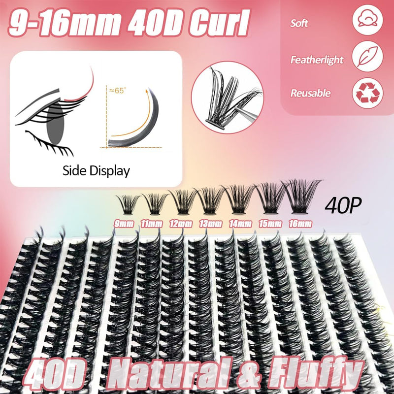 DIY Lash Extension Kit with 280 PCS 9-16Mm 40D Lashes Clusters 200Ml/6.7Fl.Oz Lash Cleanser Eyelash Shampoo Mini USB Portable Lash Fan Bond and Seal Remover Eyeliner Eyelid Cleaning Brush