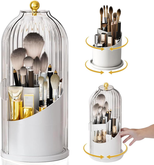 Makeup Brush Holder Case, 360° Rotating Cosmetic Organizer with Dustproof Lid, Spinning Comestic Storage Organizer for Vanity and Bathroom (White)