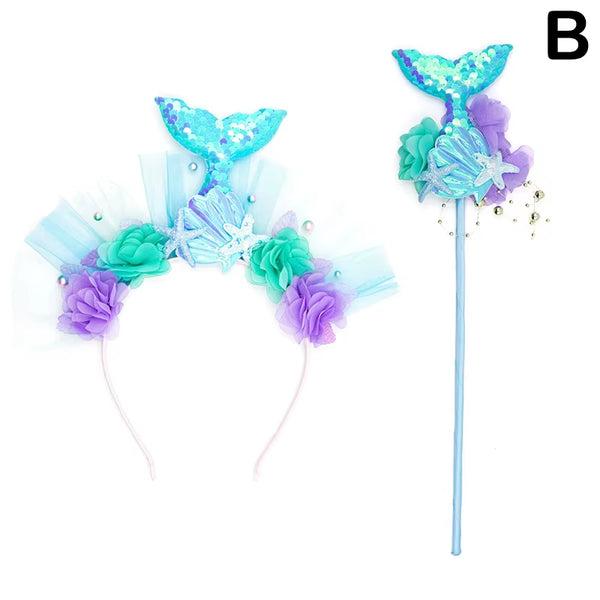 Purple Mermaid Headpiece Kids Hair Hoop Sequins Fairy Princess Angel Wand Sticks Children'S Dress up Headdress Accessories