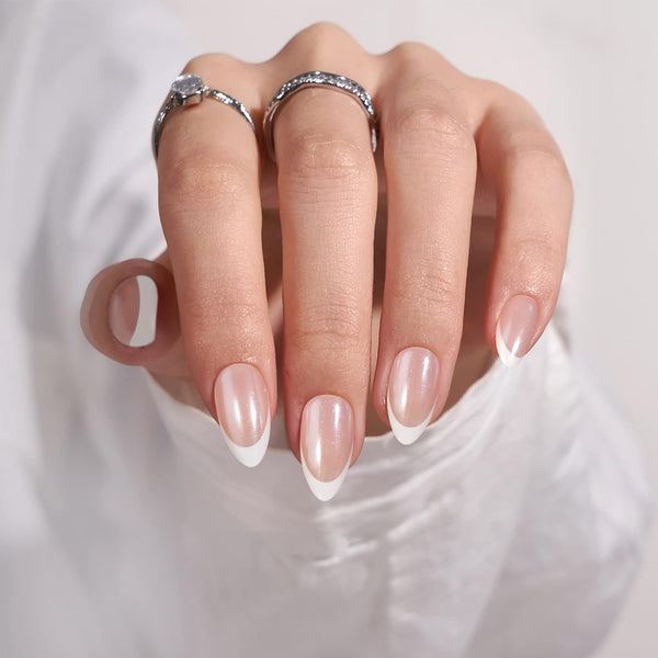 French Tip Press on Nails -  White Press on Nails Almond, Medium Glue on Nails with Nail Glue, Reusable Stick on Nails in 15 Sizes - 30 Soft Gel Fake Nails Kit, Classic