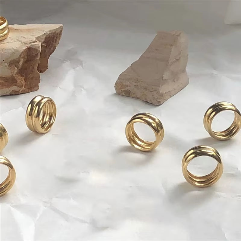 Stainless Steel Minimalist Double Layers Wide Glossy Rings Statement Designed Rings for Women Street Style Sisters' Ring