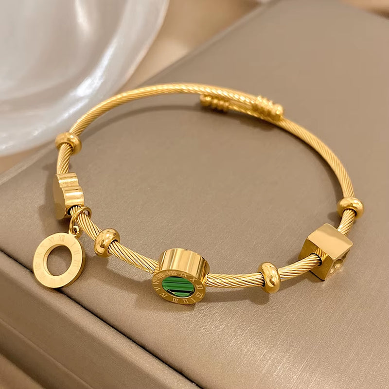 316L Stainless Steel Malachite Roman Letters Charm Bangles Bracelets for Women Gold Color Waterproof Wrist Jewelry Gift
