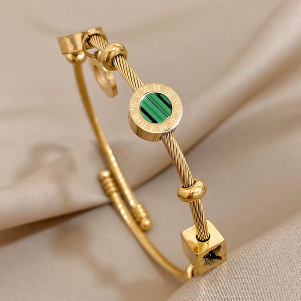 316L Stainless Steel Malachite Roman Letters Charm Bangles Bracelets for Women Gold Color Waterproof Wrist Jewelry Gift