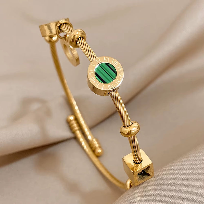 316L Stainless Steel Malachite Roman Letters Charm Bangles Bracelets for Women Gold Color Waterproof Wrist Jewelry Gift