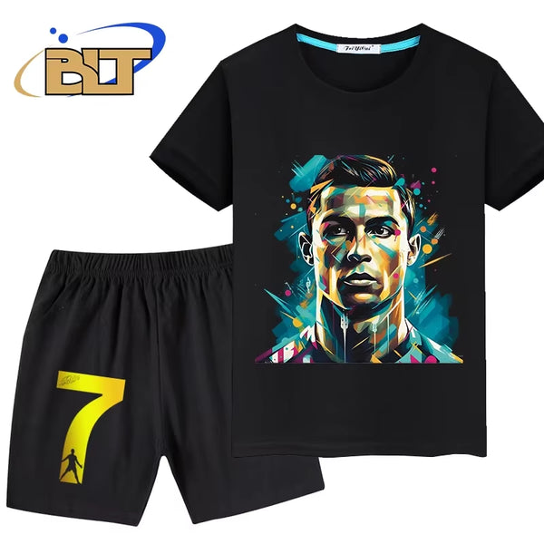 Ronaldo Head Print Children'S Clothing Summer Kids T-Shirt Set Pure Cotton Short-Sleeved Shorts 2-Piece Set Boys and Girls Gifts