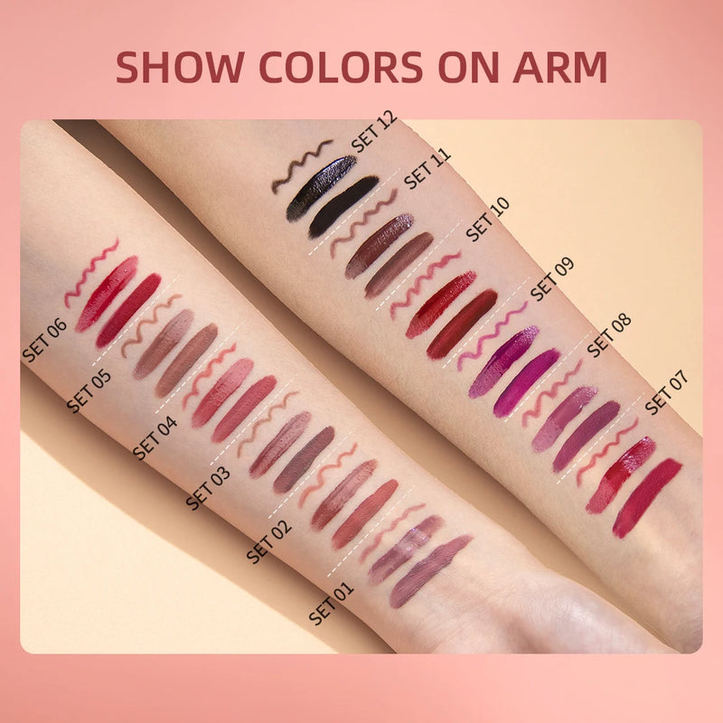3Pcs Lip Makeup Sets Lip Gloss Glaze Tint Long-Lasting Matte Liquid Lipstick Waterproof Sweatproof Lip Liner Pencil Contour Kits