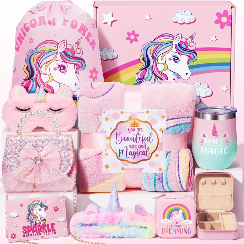 Unicorn Gift Basket Toys Set with Blanket Tumbler Crossbody Bag , Christmas Gift Thanksgiving Birthday Gift for Daughter, Niece, or Friend