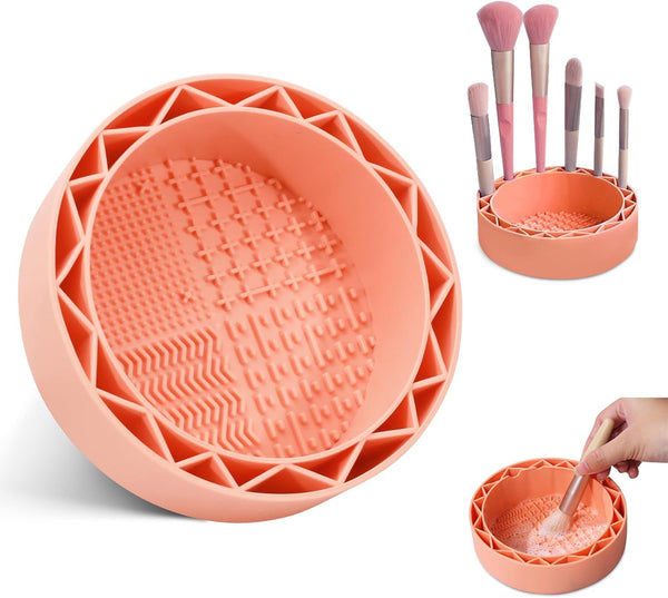 Makeup Brush Cleaner Mat with Drying Rack, Silicone Makeup Brush Cleaning Mat Scrubber Bowl, Make up Brush Cleaner Pad for Cosmetic Brushes,Orange
