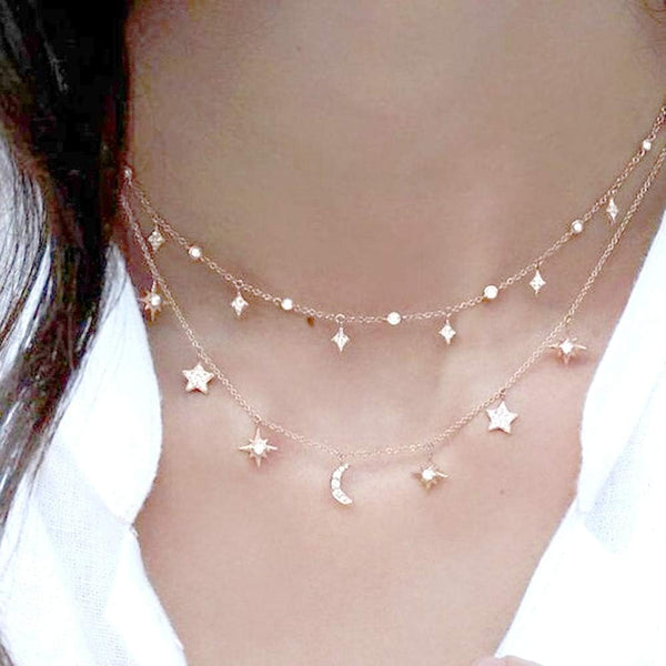 Necklances for Women Fashion & Elegant Jewelry Shiny Rhinestone Moon Star Pendant Charm Collar Lady Necklace