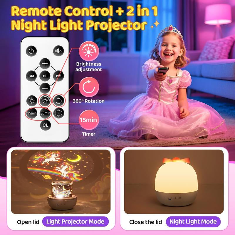 Onefire Unicorn Toys for Girls Gifts, 15 Films+15 Lullaby Sound Machine for Kids Night Light Projector, Remote+Rechargeable Night Light for Kids Gifts, 360 °Rotation Princess Mermaid Toddler Girl Toys
