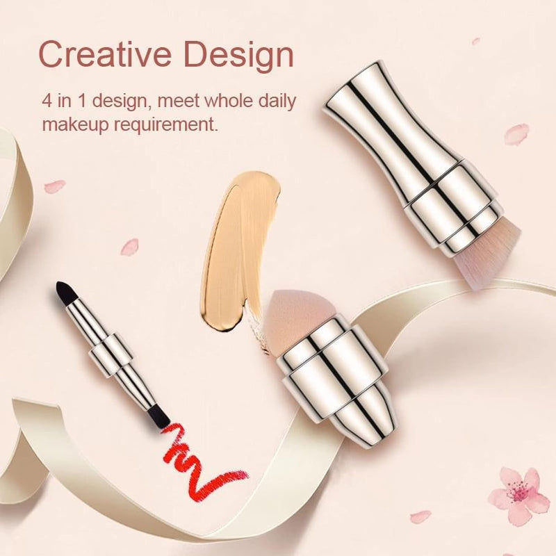 Foundation Sponge Mini Face Makeup Brush, 4 in 1 Makeup Brushes Tools Face Makeup Brush Soft Hair Portable Elastic Sponge Head Eyeshadow Lip Powder Travel Buffing Stippling Makeup Tools for Home Use