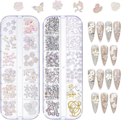 3D Acrylic Butterfly Flowers for Nails, Bear Charms, Flat Accessories - 24 Styles Starry AB Gems, Stones, Pearls, Gold Metal for DIY Art Designs and Jewelry Making