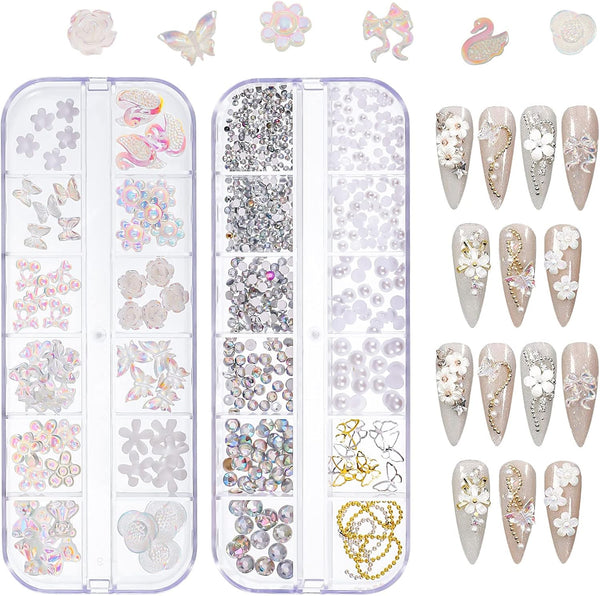 3D Acrylic Butterfly Flowers for Nails, Bear Charms, Flat Accessories - 24 Styles Starry AB Gems, Stones, Pearls, Gold Metal for DIY Art Designs and Jewelry Making