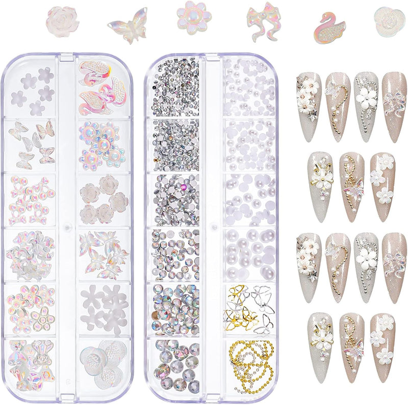 3D Acrylic Butterfly Flowers for Nails, Bear Charms, Flat Accessories - 24 Styles Starry AB Gems, Stones, Pearls, Gold Metal for DIY Art Designs and Jewelry Making