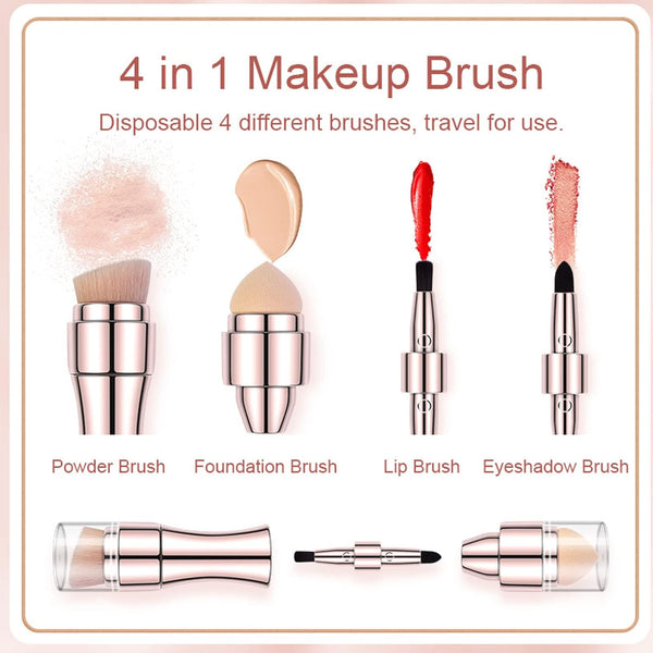 Foundation Sponge Mini Face Makeup Brush, 4 in 1 Makeup Brushes Tools Face Makeup Brush Soft Hair Portable Elastic Sponge Head Eyeshadow Lip Powder Travel Buffing Stippling Makeup Tools for Home Use
