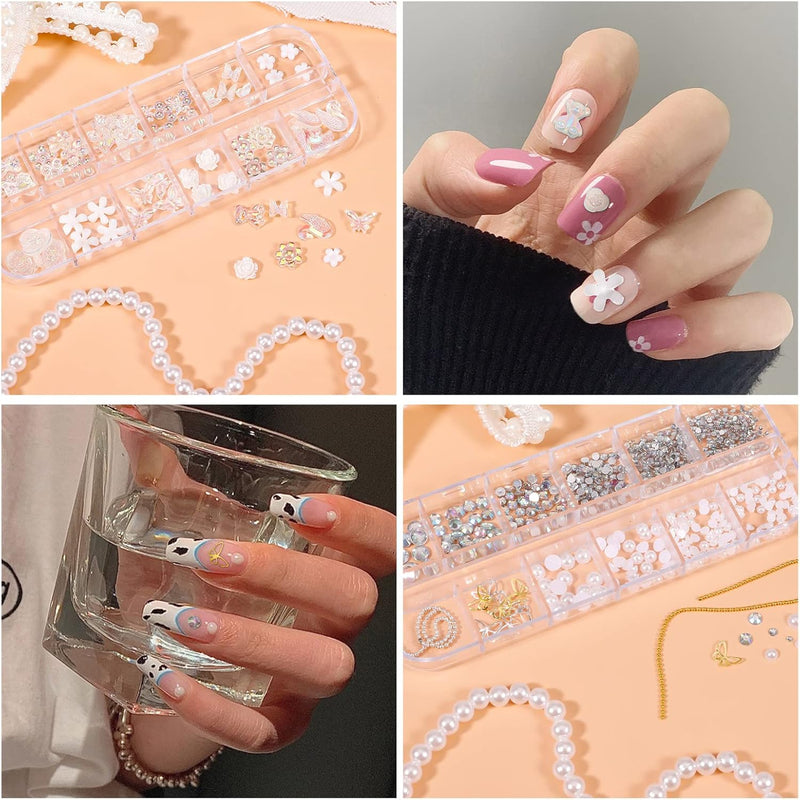 3D Acrylic Butterfly Flowers for Nails, Bear Charms, Flat Accessories - 24 Styles Starry AB Gems, Stones, Pearls, Gold Metal for DIY Art Designs and Jewelry Making