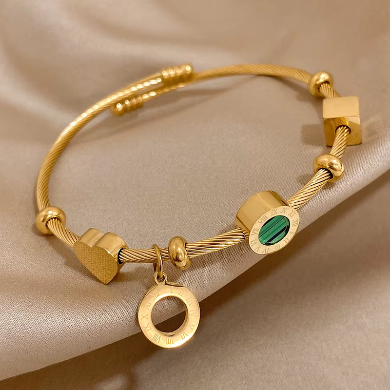 316L Stainless Steel Malachite Roman Letters Charm Bangles Bracelets for Women Gold Color Waterproof Wrist Jewelry Gift
