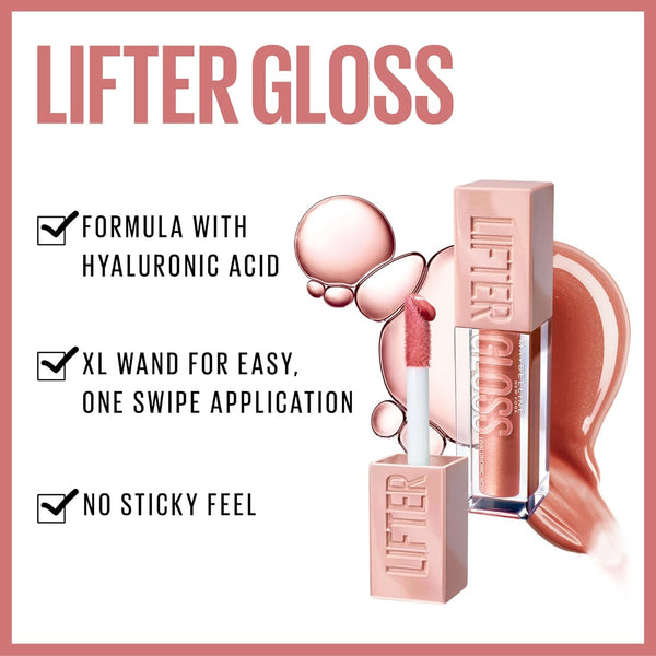 New York Lifter Gloss, Hydrating Lip Gloss with Hyaluronic Acid, High Shine for Fuller Looking Lips, XL Wand for One-Swipe Application, Ice, Light Pink, 5.4 Ml