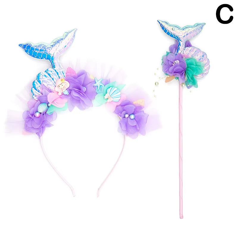 Purple Mermaid Headpiece Kids Hair Hoop Sequins Fairy Princess Angel Wand Sticks Children'S Dress up Headdress Accessories
