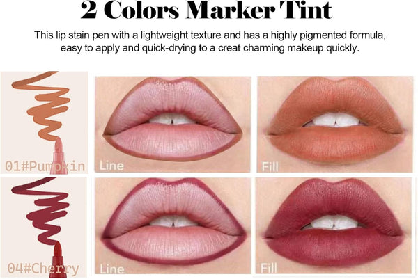 2 Color Lip Stain Tip Marker Set,Hydrating & Long Lasting Lip Liner Stain Waterproof Smudgeproof Lip Tint Matte Lip Maker with Easy Drawing Tip (Pumpkin + Cherry)