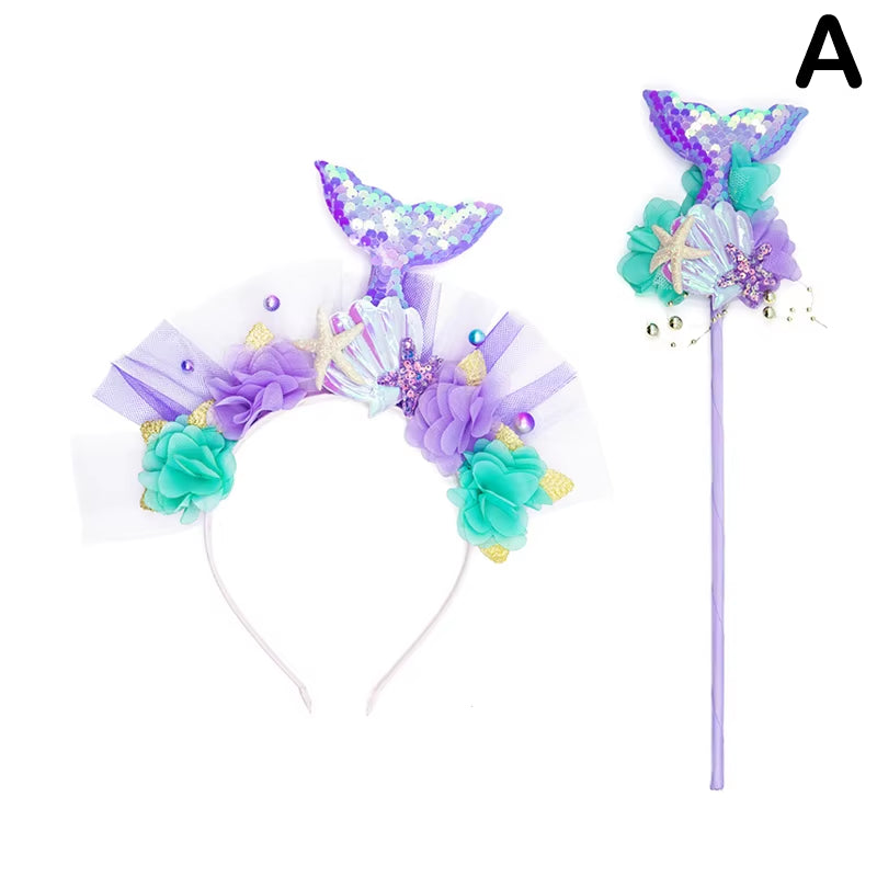 Purple Mermaid Headpiece Kids Hair Hoop Sequins Fairy Princess Angel Wand Sticks Children'S Dress up Headdress Accessories
