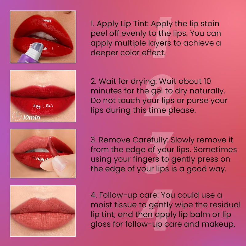 Waterproof Lip Stain Peel Off application instructions for a long-lasting matte finish.