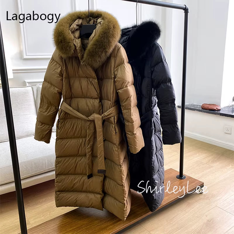 2025 Winter Women 90% White Duck down Jackets Ultra Light Warm Long Parkas Real Fox Fur Collar Female Hooded Snow Coats