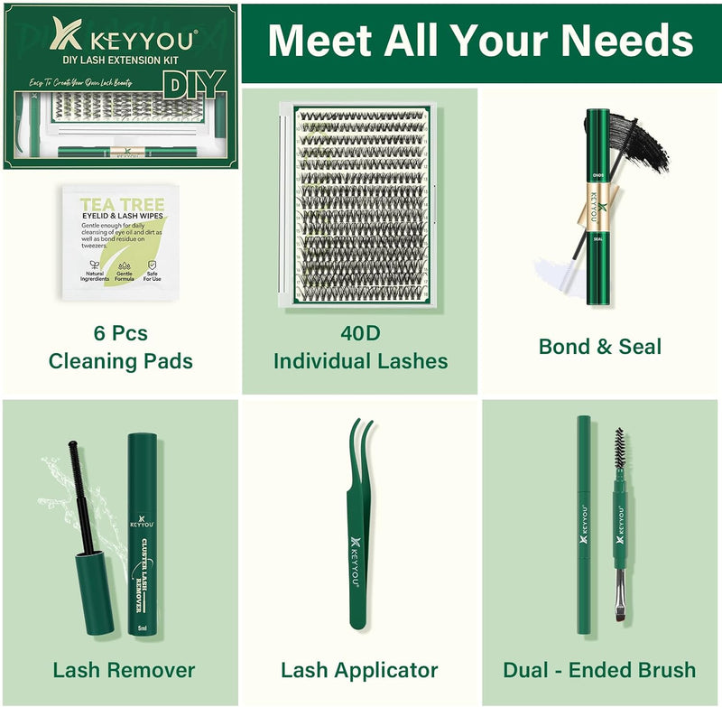 DIY Lash Extension Kit  300Pcs Individual Eyelash Extension Kit 40D 0.07D Curl 8-16MIX Lash Clusters with Lash Glue Remover Applicator Easy to Use for Beginners(40D-0.07D,8-16Mix)