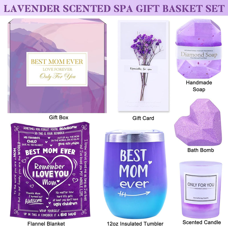 Gifts for Mom Women, Mother Gifts from Daughter Son, Relaxing Spa Gift Basket Set for Mom Sister Husband Mothers Day Gifts Bath Set Gift, Great Purple Blanket Gifts for Women