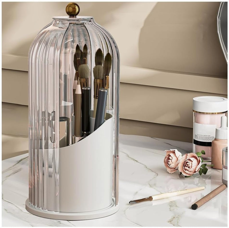 Makeup Brush Holder Case, 360° Rotating Cosmetic Organizer with Dustproof Lid, Spinning Comestic Storage Organizer for Vanity and Bathroom (White)