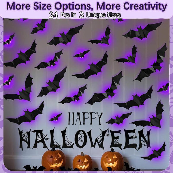 24 PCS LED Purple Bat Lights Halloween Decorations, 3 Sizes Removable Waterproof PVC Bat Stickers for Indoor Outdoor Wall Window Door Party Décor