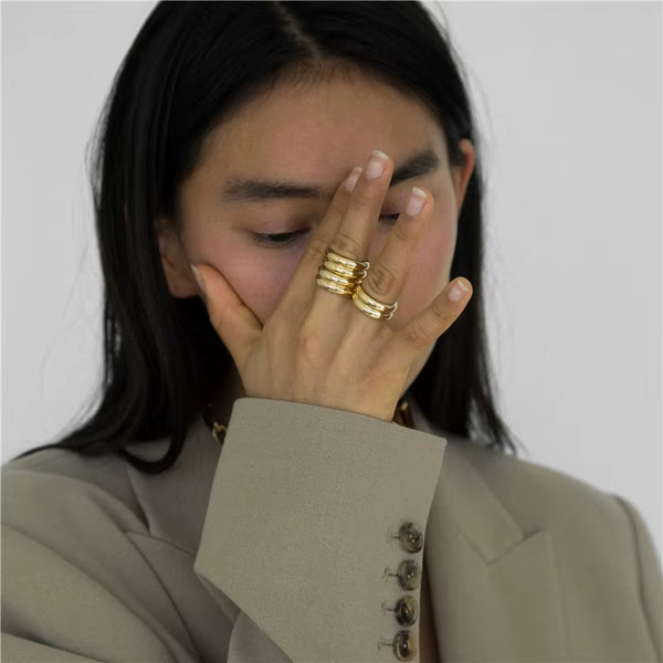 Stainless Steel Minimalist Double Layers Wide Glossy Rings Statement Designed Rings for Women Street Style Sisters' Ring