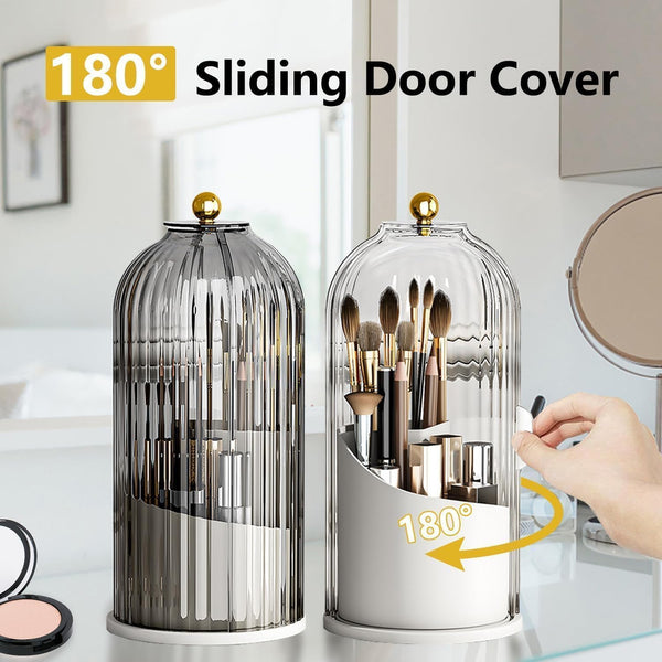 Makeup Brush Holder Case, 360° Rotating Cosmetic Organizer with Dustproof Lid, Spinning Comestic Storage Organizer for Vanity and Bathroom (White)