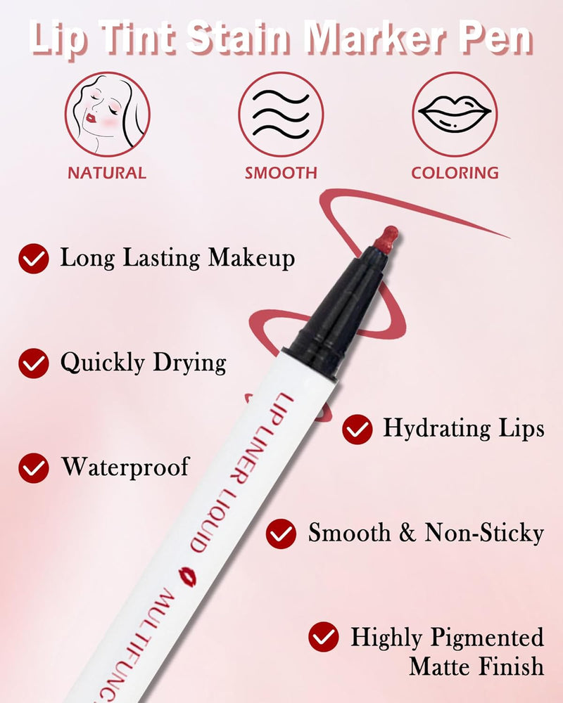 2 Colors Lip Stain Marker Pen, Dark Red Pink Lip Liner Pencil, Matte Finish Lip Tint Stain Liquid Lipstick, Longlasting Smudge-Proof Waterproof Lipliner, Precise Pen Tip, Makeup Gift for Women-01+02